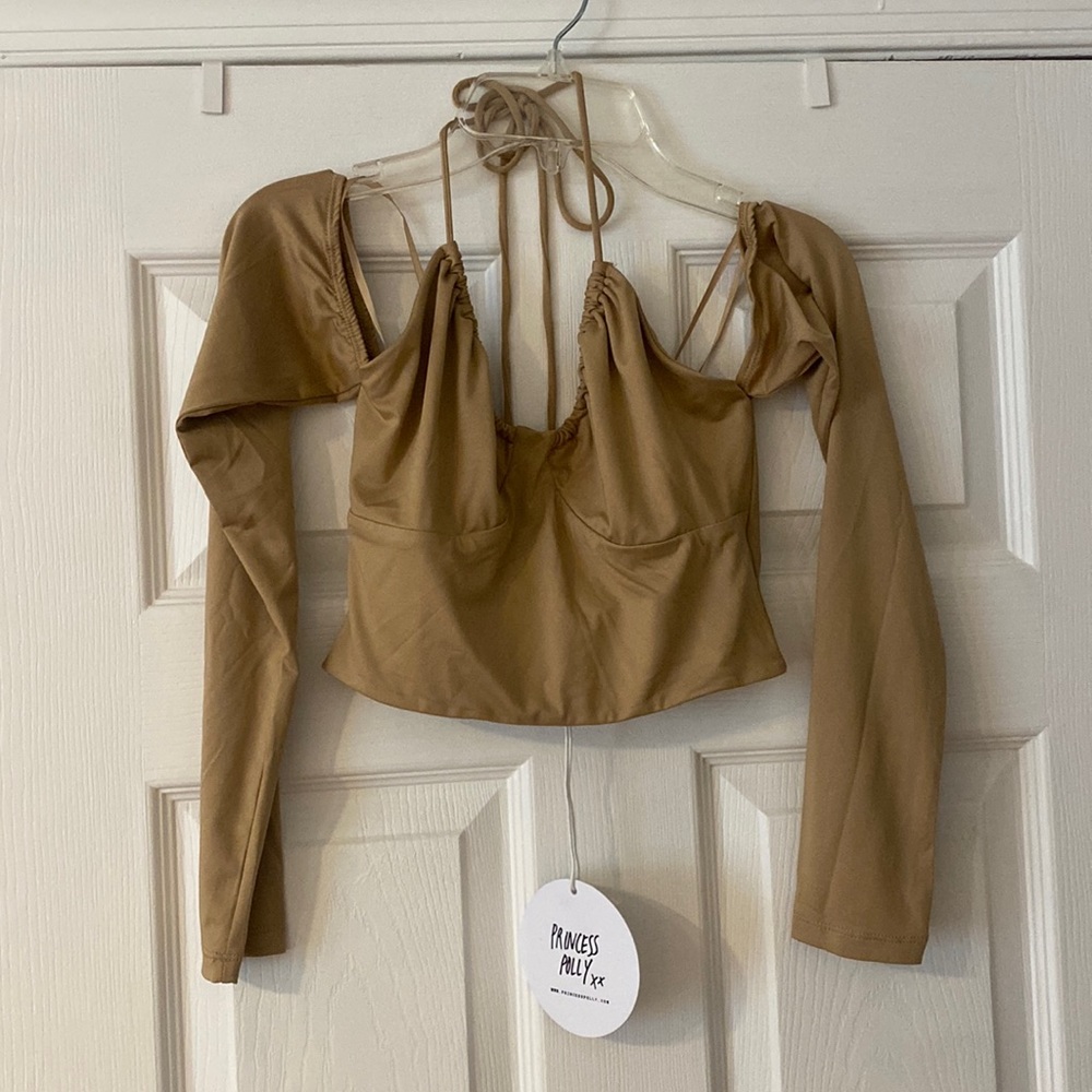 Women’s Princess Polly tan halter long sleeve top, tags on, never worn